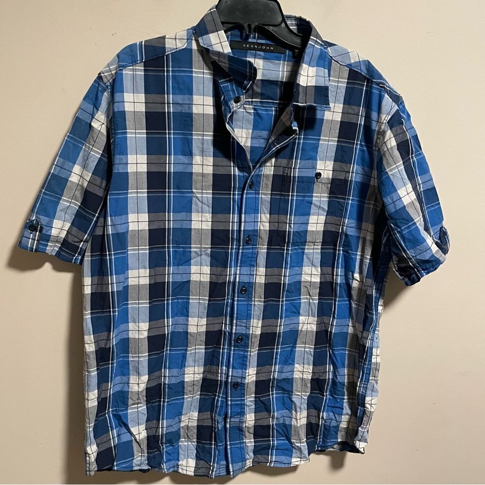 Sean John Blue Plaid Short Sleeve Button Down Shirt- Size 2XL Men’s